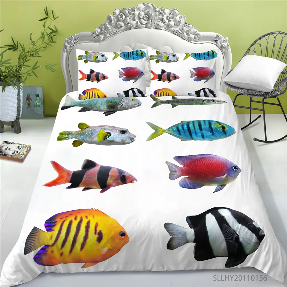 

2/ 3 Pcs Bedclothes Deep Ocean Fish Print Duvet Cover Set Bedding Sets Gift for Kids Single Full Queen King Size Dropship