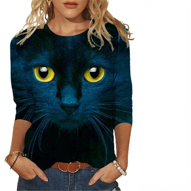 

Fashion Cat Eye Star Mermaid 3D Print T-shirt Women's O-Neck Long Sleeves Casual Top 2021 Spring Autumn Lady Streetwear