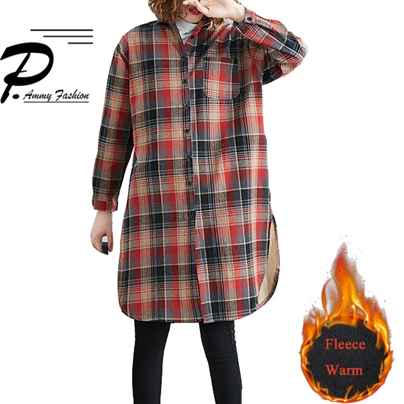 Флисовая Повседневная клетчатая блузка средней длины зимняя теплая рубашка