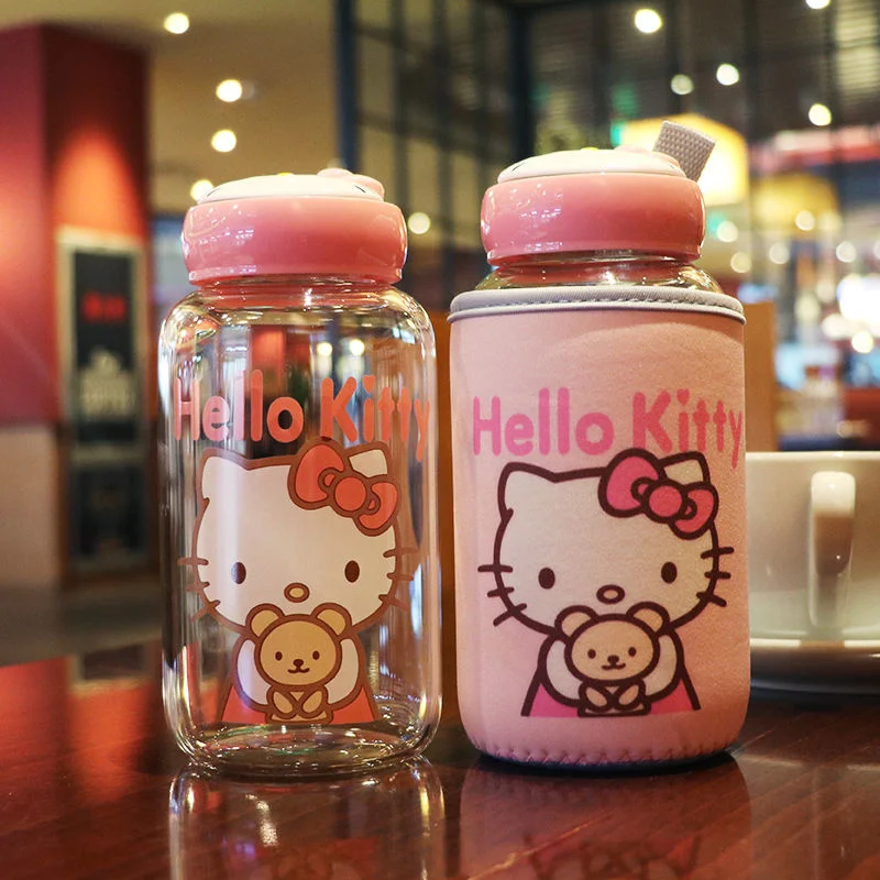 Botella de agua port&aacute;til para ni&ntilde;os y ni&ntilde;as, vaso de vidrio de Hello Cat doraemonado de dibujos animados Kawaii Kittyed de 600ml, para exteriores-4