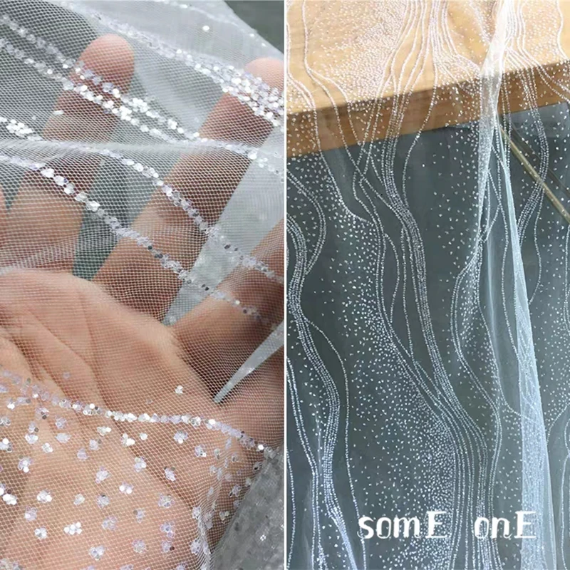 

Sequined Mesh Tulle Fabric Wave Ironing Diamonds Black White DIY Background Decor Veil Skirts Gown Wedding Dress Designer Fabric
