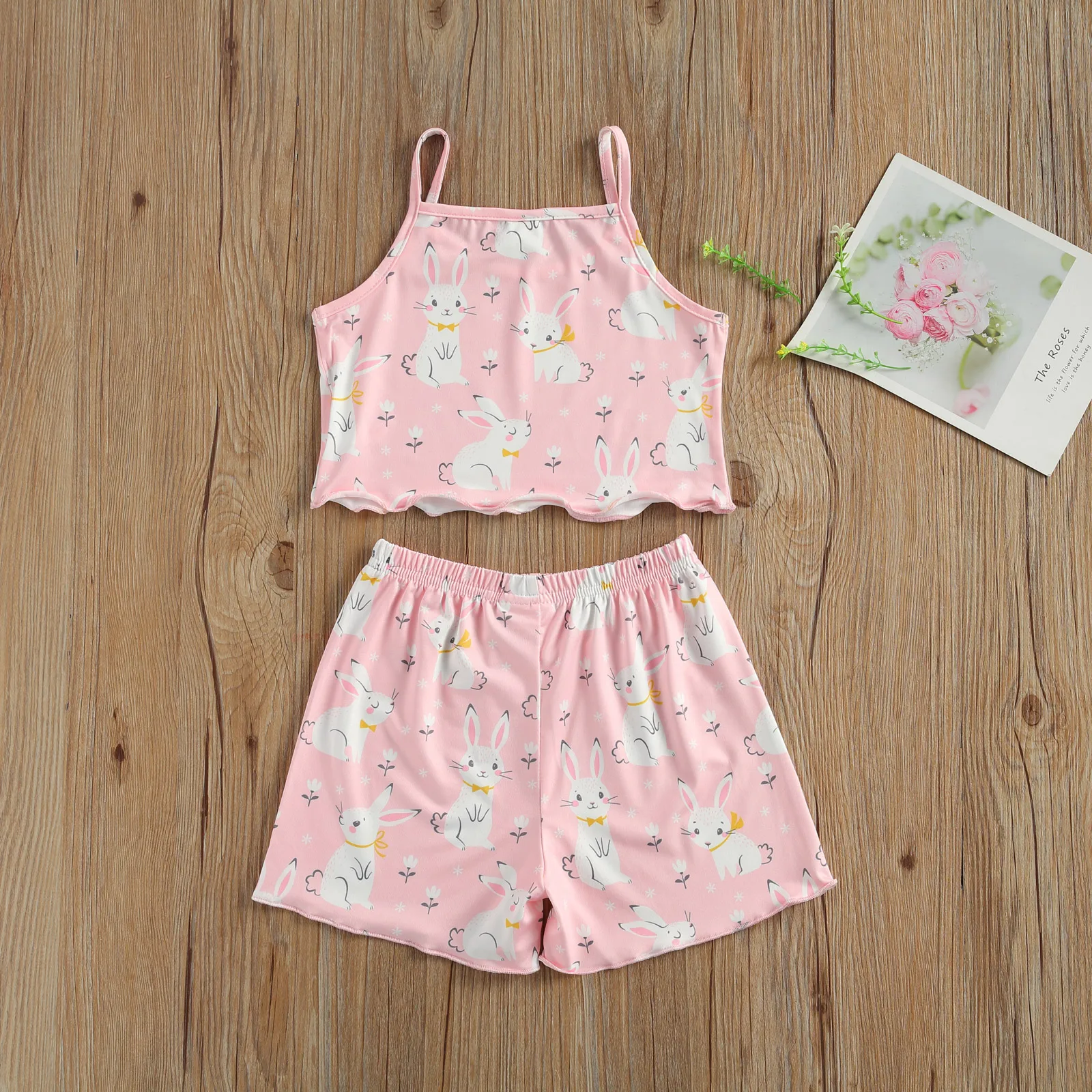 

2020 New 1-6Y Toddler Kid Baby Girl Summer 2Pcs Set Rabbit Floral Print Pink Sleeveless Camisole Top+Shorts Bunny Easter Outfit