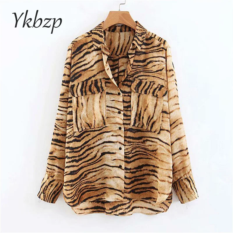Новинка осени 2019 женская блузка с принтом тигра винтажная карманами длинным