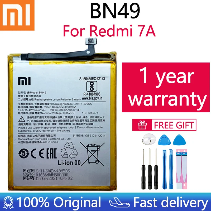 

Оригинальный сменный аккумулятор XiaoMi BN49 для Xiaomi Redmi 7A 100% новый аутентичный Аккумулятор для телефона 4000 мАч с бесплатными инструментами