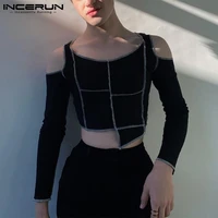incerun men crop tops knitted 2022 patchwork off shoulder long sleeve casual t shirts fitness streetwear sexy party camisetas
