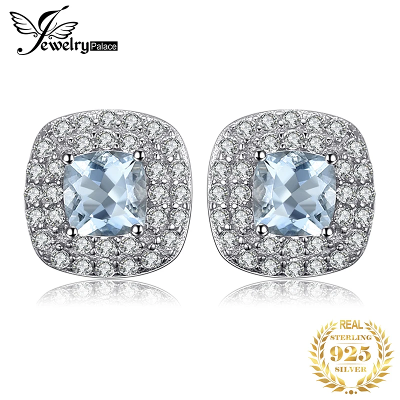 Jewelrypalace Подушки с 0.9ct Натуральный аквамарин Halo Серьги-гвоздики 925 стерлингов Серебряные серьги для, женская обувь Красивые ювелирные изделия