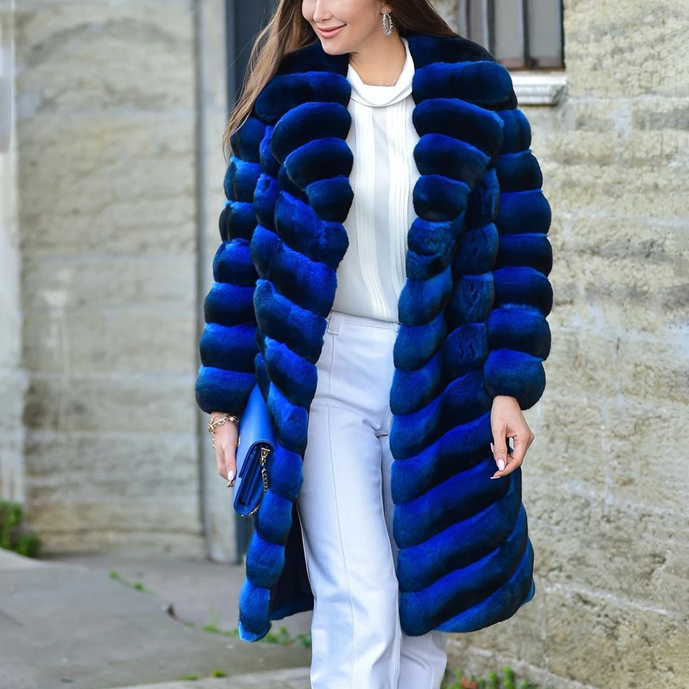 Royal Blue Real Rex Rabbit Fur Coat 90cm Long Women Winter Fashion Genuine Rex Rabbit Fur Coats Outwear Natural Woman Fur Outfit enlarge