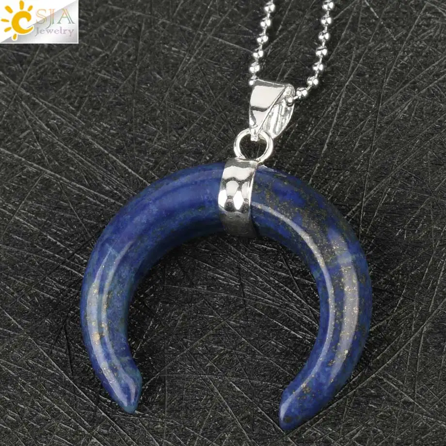 Lapis Lazuli Chain Csja натуральный хрустальный каменный кулон серебряного цвета ожерелья полумесяц двойная Подвески в виде рога для женщин и мужчин целебные ювелирные изделия G159 - Окраска металла: Lapis Lazuli Chain