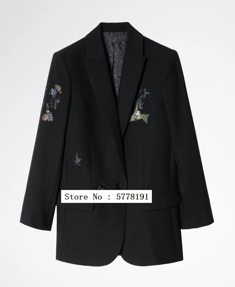 

2021 Spring New Style Women Black Blazer Green Star Strass Rhinestone One Button Long Sleeves Female Fashion Suits