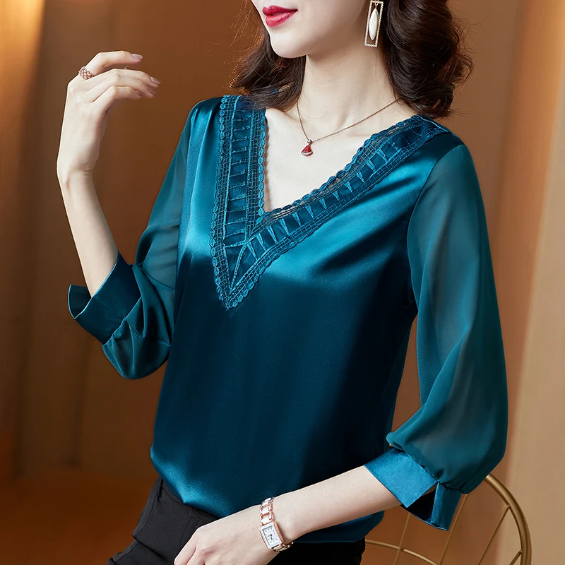 

Spring Korean Fashion Silk Women Blouses Satin Office Lady Mesh Three Quarter Blusas Largas Plus Size XXXL/5XL Women Shirts