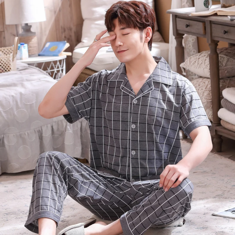 Полосатые хлопковые Для мужчин с длинным рукавом пижамный комплект весна
