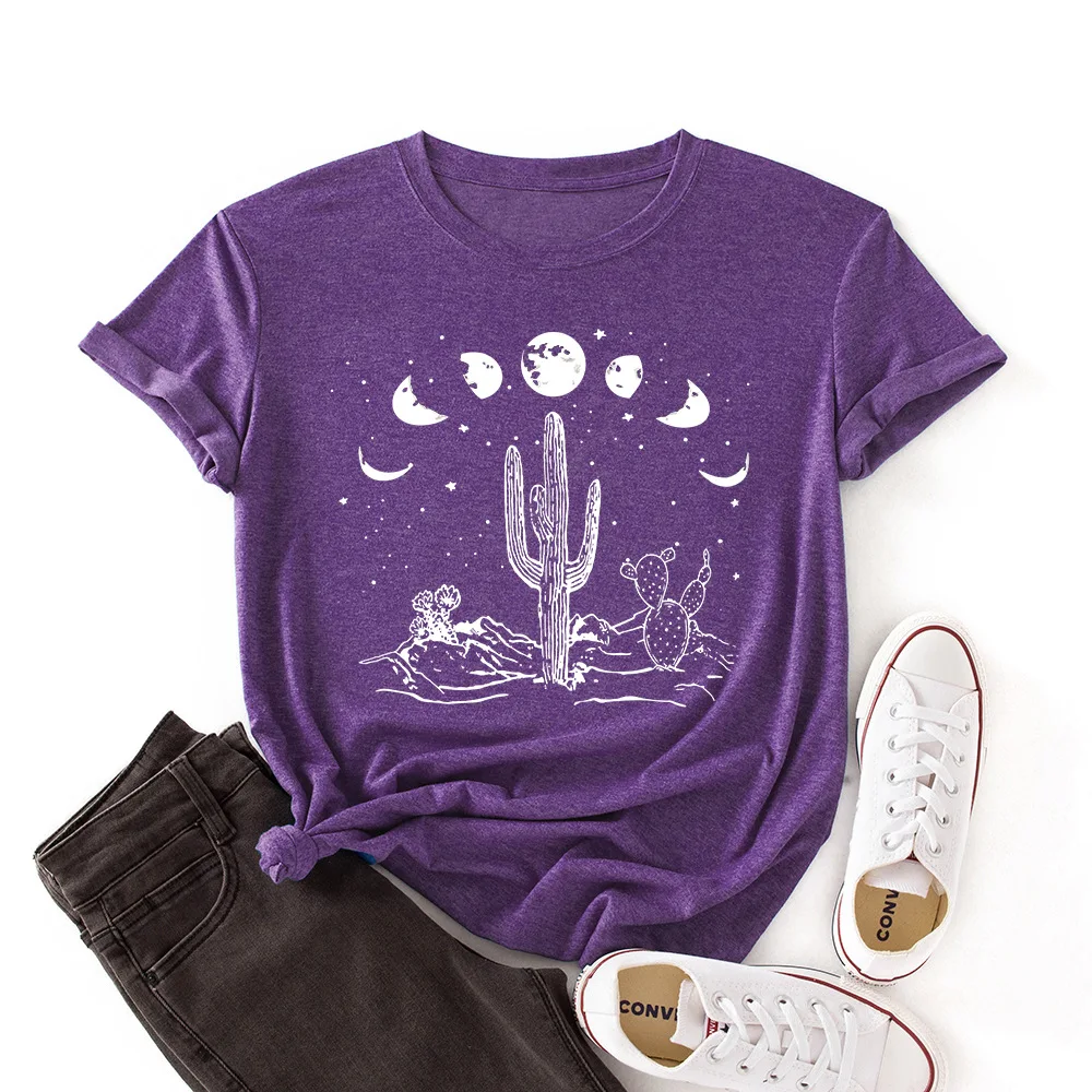 

Хлопковая футболка Voguish с принтом Луны, кактуса, женская футболка с круглым вырезом и коротким рукавом, летняя женская футболка, розовые Топ...