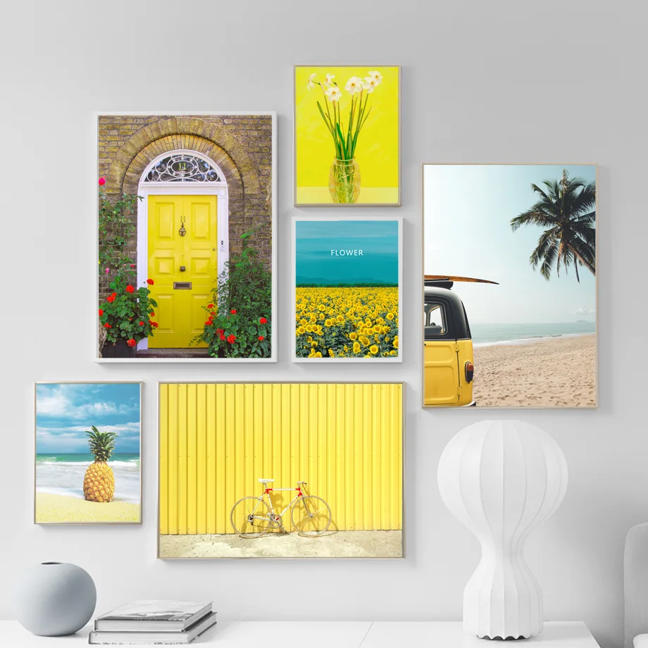 Подсолнечник кокосовый пляж автобус велосипед стены искусства холст картины