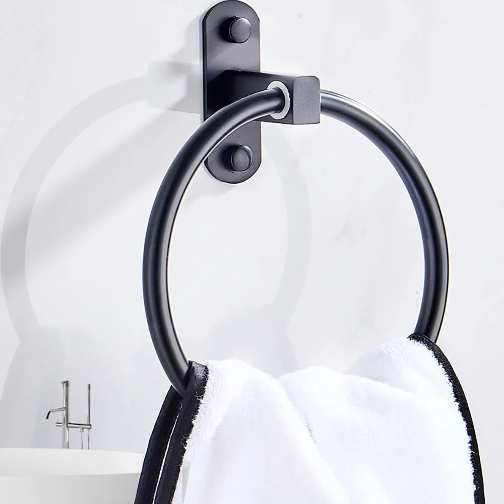 

Punch-Free Bathroom Accessories Black Space Aluminum Round wWall Hanging Ring Towel Holder