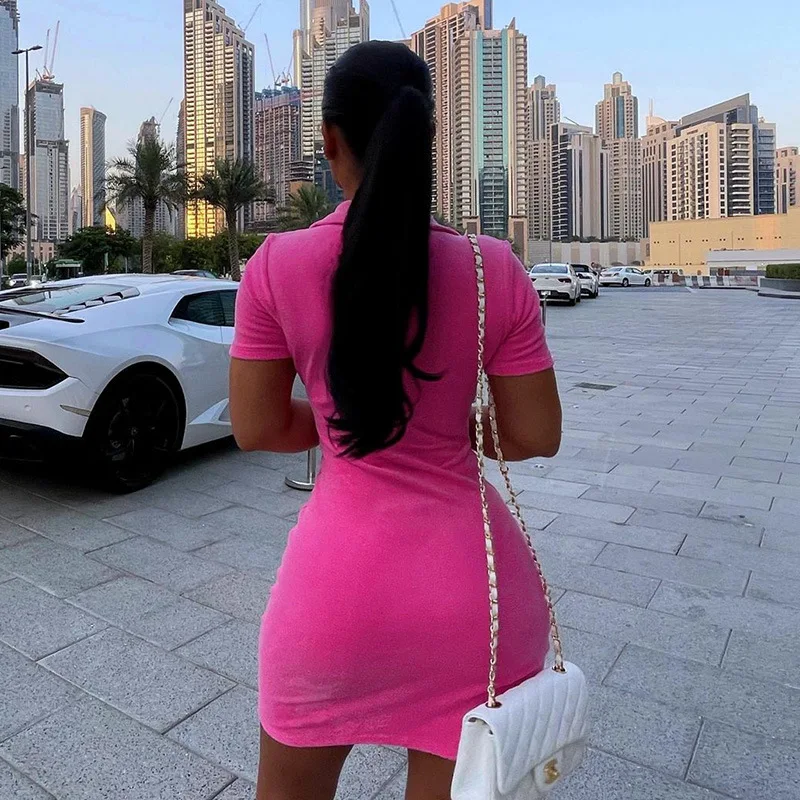 

CIBBAR Solid Casual Mini Dress Women Turn-down Collar Short Sleeve Bodycon Short Dresses Summer Female Sexy Fashion Streetwear