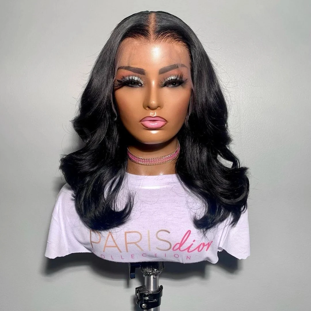 

Synthetic Middle Part Body Wave 180% Density Black Color Long Preplucked Glueless Lace Front Wig For Black Women With Baby hair