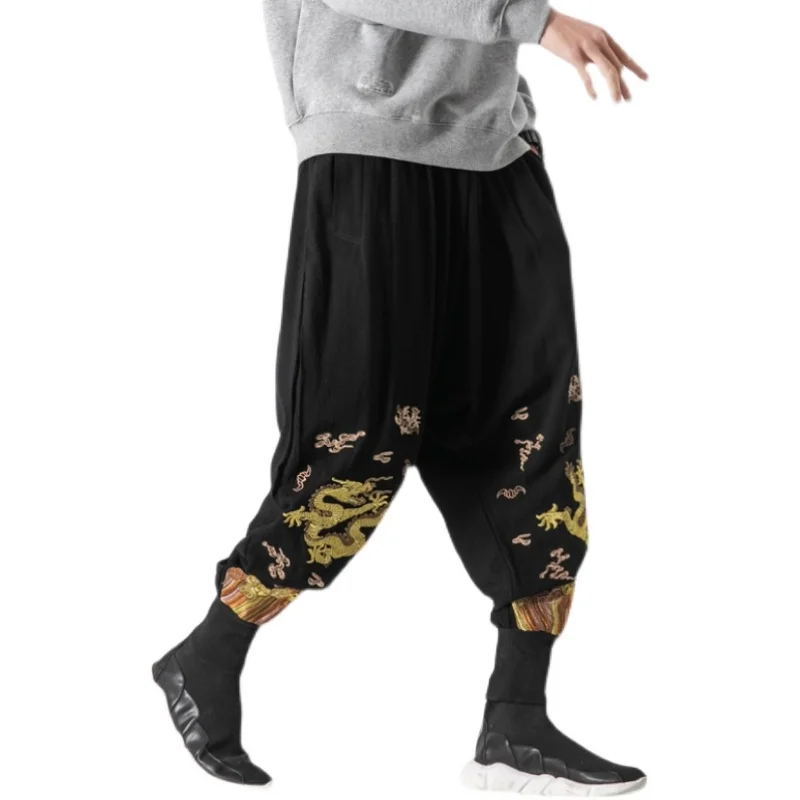 

Chinese Dragon Embroidered Cotton Linen Harem Track Pants 2021 Spring Harajuku Fashion Bloomers Loose Plus Size Joggers Men