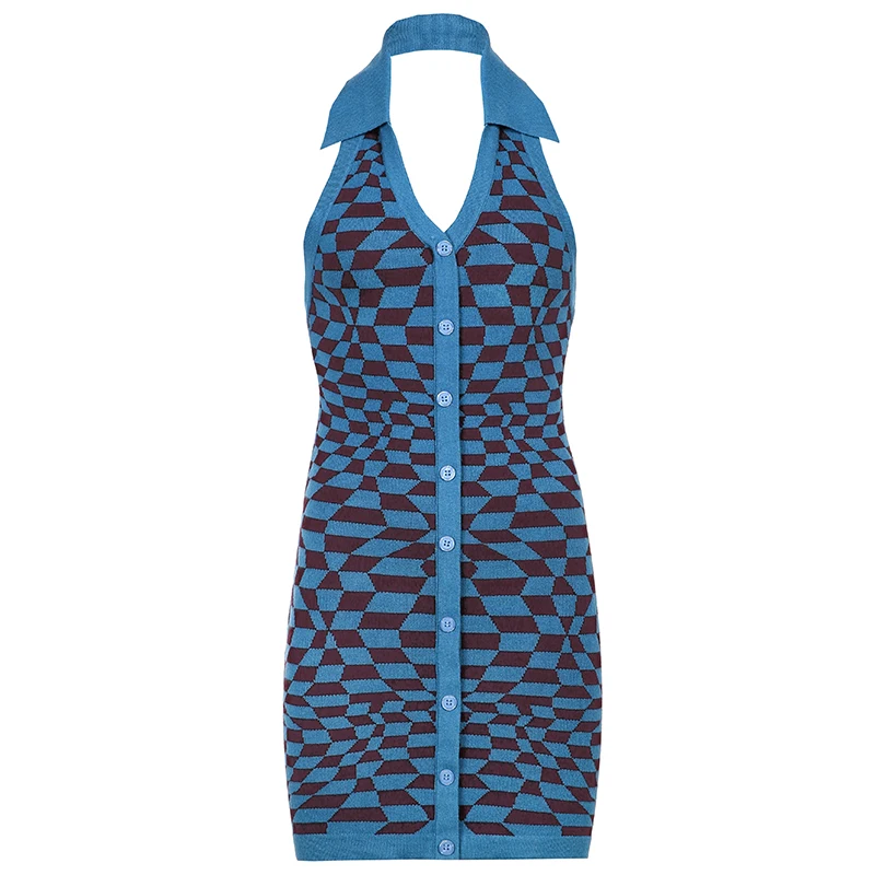 

Rockmore Knitted Plaid Dress Women Y2K Bodycon Turn Down Collar Mini Dresses Vintage Sexy V Neck Short Dress Streetwear Sundress