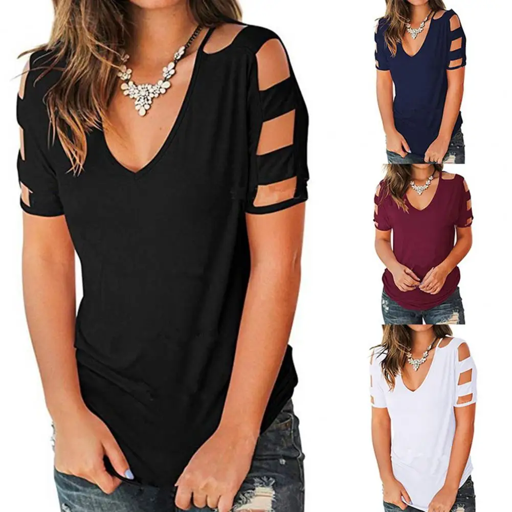 

Clothes Stylish Short Sleeve Hollow Loose Top Pullover Loose Top V Neck for Travel