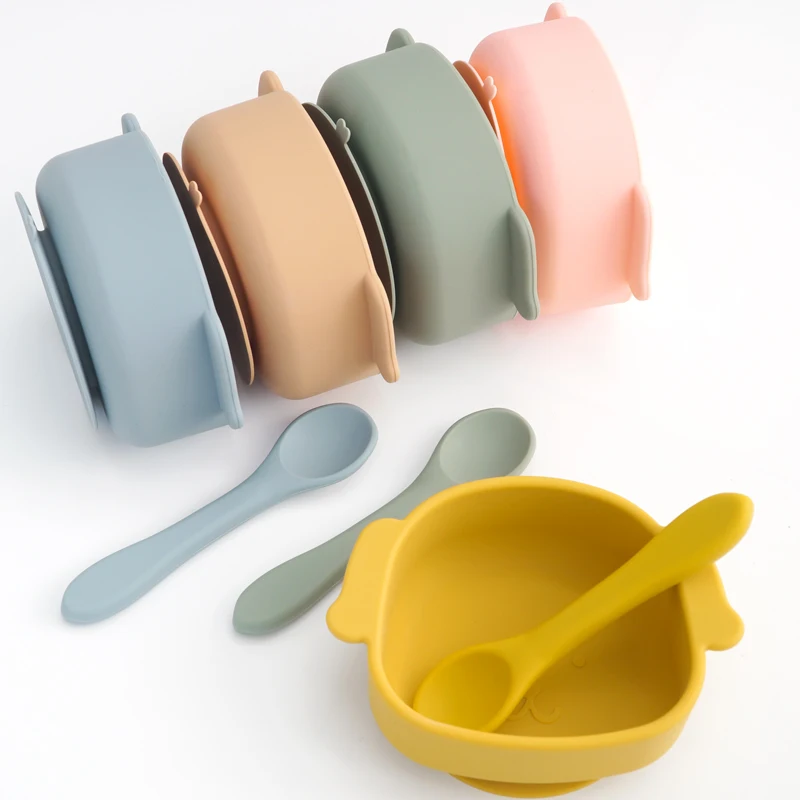 

1set Silicone Infant Feeding Animal Shape Bowl Children's Dishes Fashionable Tableware Suction Food Tray Spoons Baby Essentials