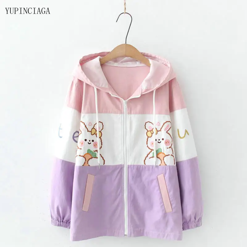 Women Cute Rabbit Embroidery Hit Color Hooded Patchwork Long Sleeve Jacket 2020 Summer Casual Zippers Outerwear Sweet Coat 13783