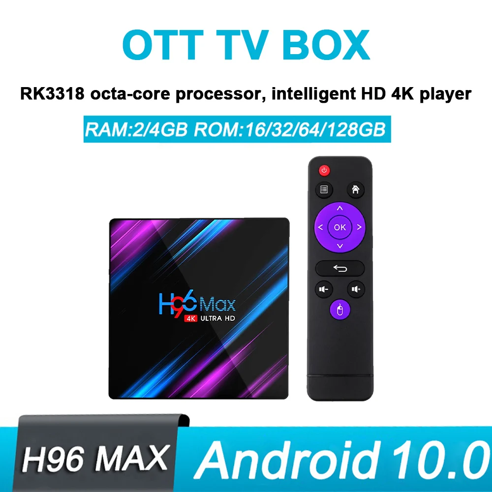 

H96max Smart TV Box Android 10 RK3318 5G Dual Band WiFi Bluetooth Top Box H.265 Video Decoder WiFi 4K HD Network Player