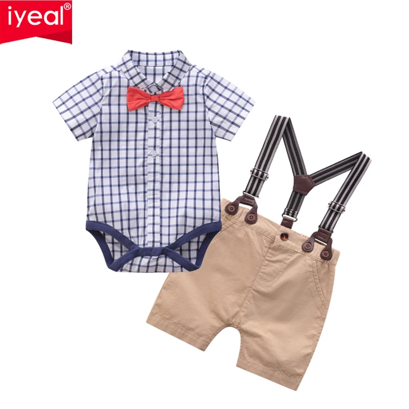 

Комплект одежды для маленьких мальчиков IYEAL, Одежда для новорожденных мальчиков, шорты, топ с рукавом + подтяжки, джентльменская одежда, летн...