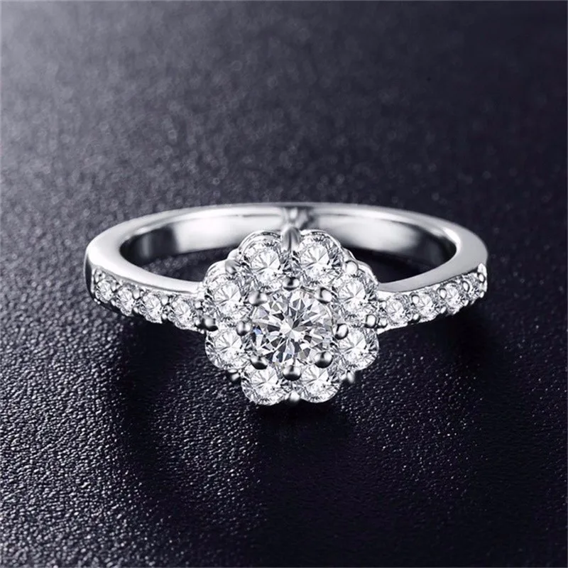 Hot Sale Luxury Solid Silver Round Diamond Engagement Rings Jewelry 925 Sterling Silver Wedding Finger Flower Rings For Women