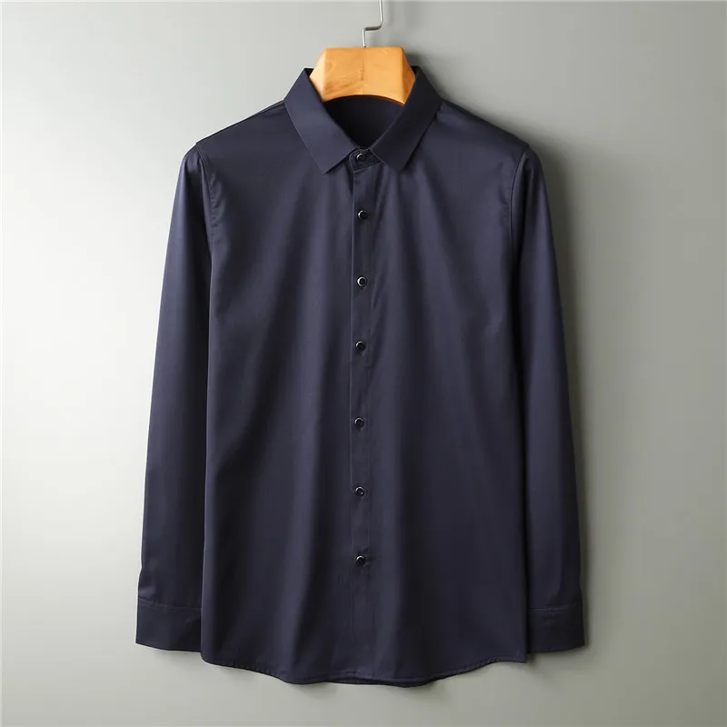 Navy Blue Autumn Long Sleeve Casual Business Boys Silk Shirt Slim Fit Thin Social Men Purple Shirt Male Formal Oversized Button Shirt Top - Цвет: Navy Blue