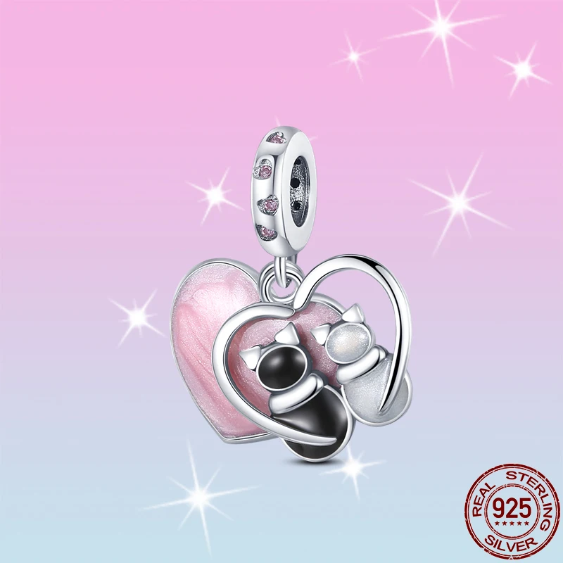 

HOT SALE 925 Sterling Silver Heart-Shaped Couple Cats Charm Beads Fit Original Pandora Bracelet Pendant Necklace Jewelry