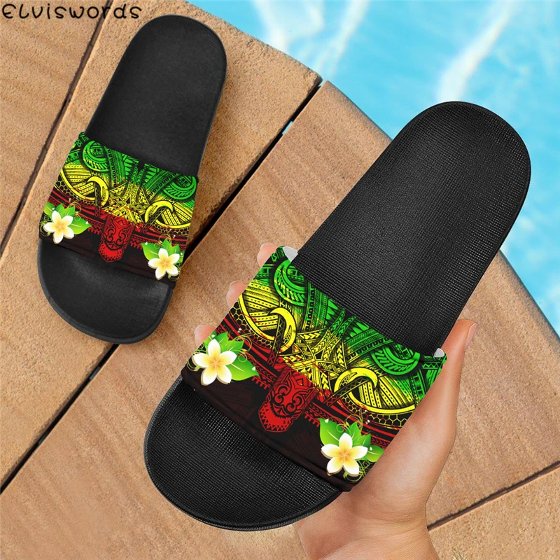 

Сланцы ELVISWORDS женские, Нескользящие шлепанцы для дома, в этническом полинезийном стиле, с принтом Plumeria, резиновая обувь на плоской подошве, д...