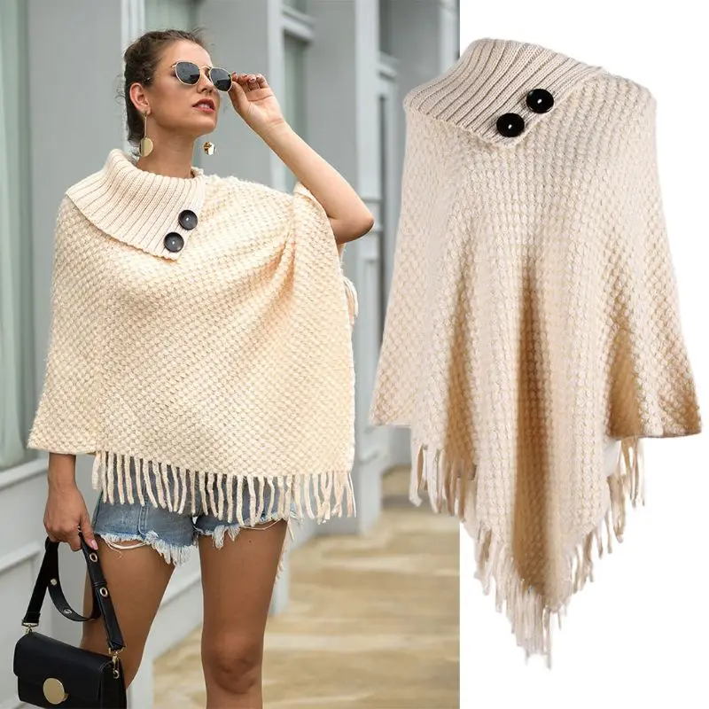 

Women Knitted Pullover Sweater Top Half Opened Collar Buttons Warm Shawl Wrap Fringe Tassels Hem Solid Color Poncho Cape Cloak