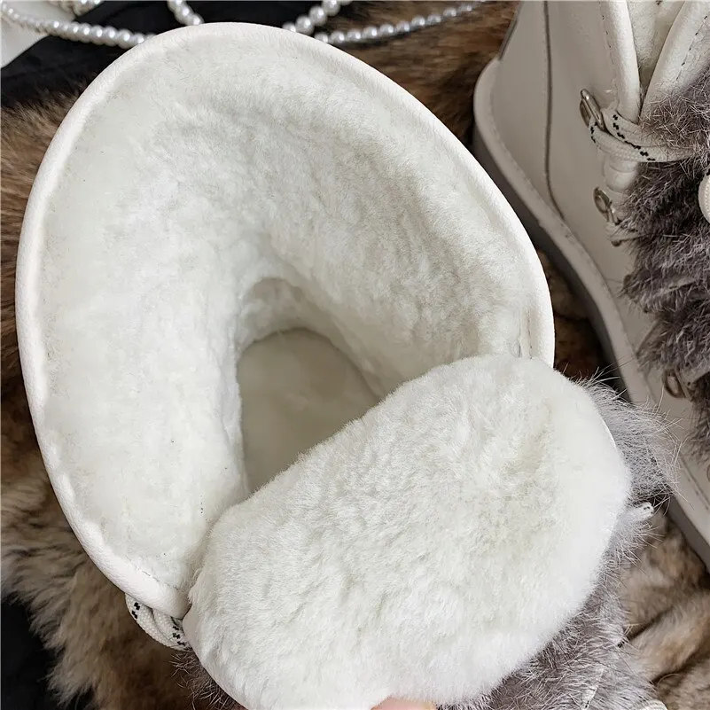 

ANNYMOLI Wool Fur Snow Boots Women Platform Flat Ankle Boots Round Toe Rabbit Fur Short Boots Lace Up Ladies Shoes Beige Size 43