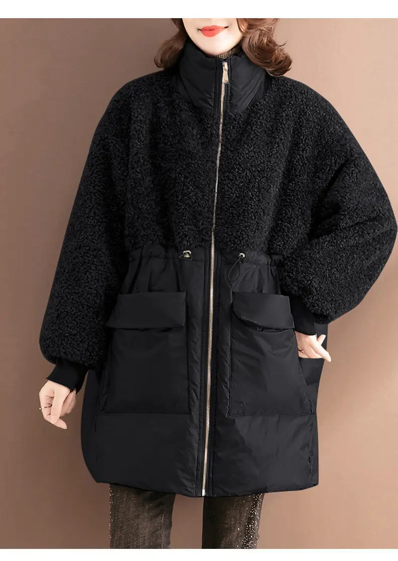 

Women's jacket women's mid-length winter fashion stitching lamb wool cotton-padded loose plus size warm jacket women