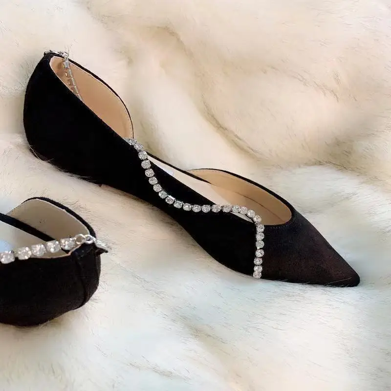 

2021 Spring and Autumn New Rhinestone Chain Pointed Toe Flat Shoes Side Hollow Shallow Shoes Black Suede Single Shoes