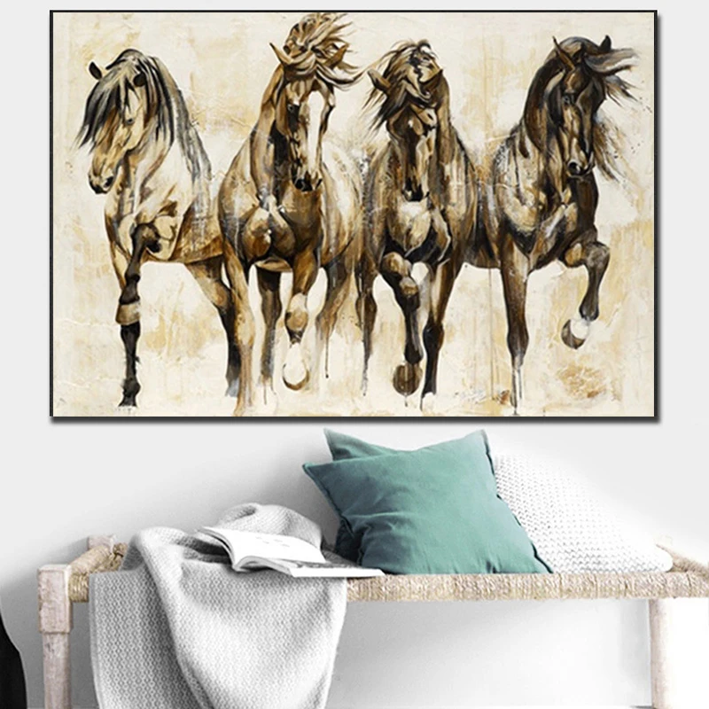 

Abstract Modern Retro Four Brown Horse Canvas Painting Wall Art Posters and Prints Wall Art Pictures for Living Room Cuadros