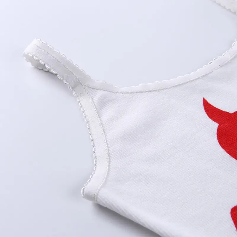 

Women Summer Sleeveless Crop Top Devil Red Heart Camisole Scalloped Lace Vest