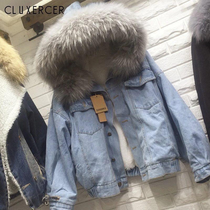 Женская Толстая джинсовая куртка с капюшоном флисовая воротником из