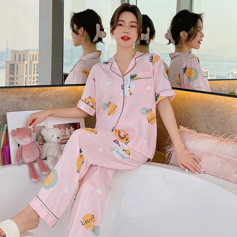 

Летняя Пижама, женские брюки с коротким рукавом, костюм-буретка, японская рубашка, пижама, милая Весенняя искусственная хлопковая шелковая ...