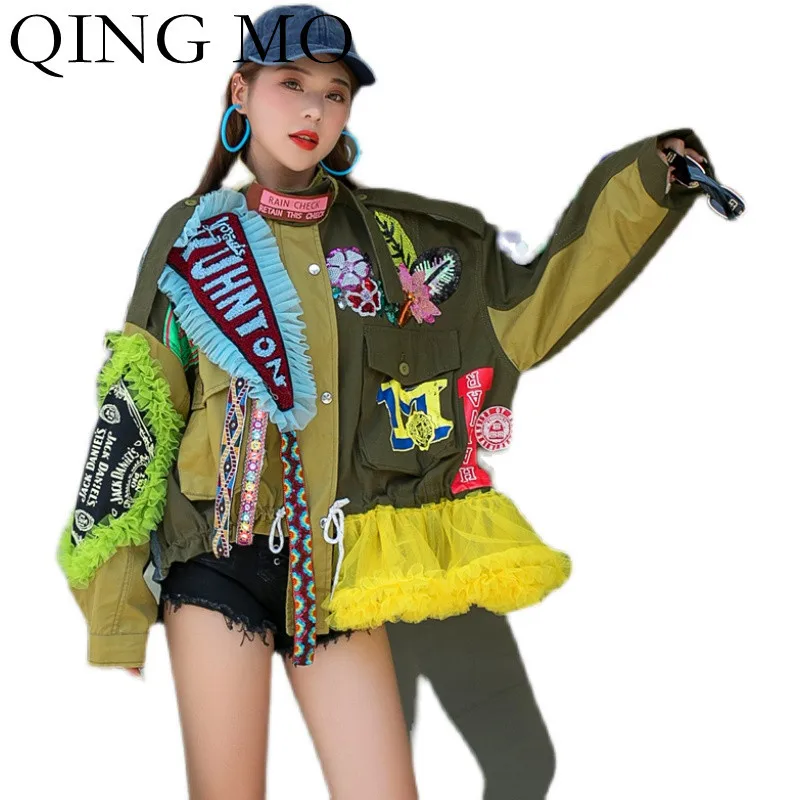 

QING MO Autumn Fashion Lace Stitching Tooling Short Jacket Women 2021 New Letter Printing Zipper Cardigan Jacket ZWL740