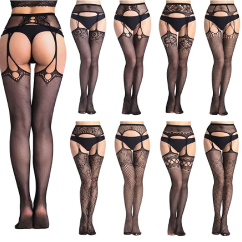 

Sexy Pantyhose Fishnet Lace Open C Thigh High Stockings + Garter Belt Suspenders Underwear Women Black Floral Pantyhose