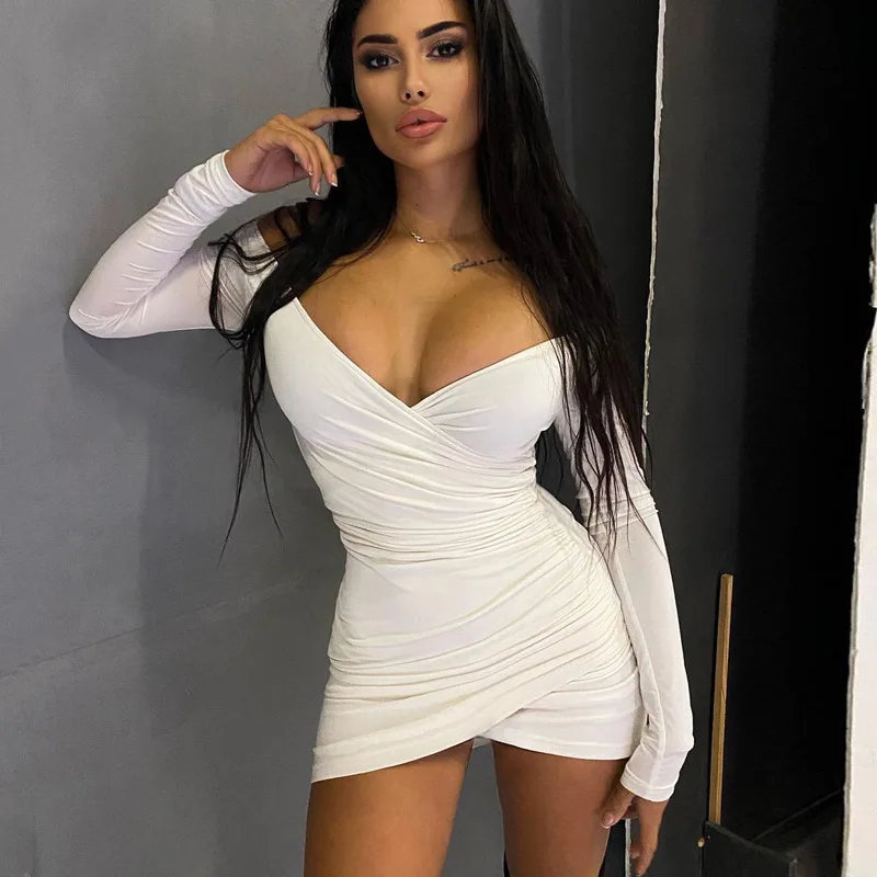 

SEASONS Women Solid Long Sleeve Ruched Mini Dress Fall Winter Slit Bodycon Sexy Streetwear Party Club Elegant Dresses ASDR84234