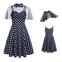 womens polka dot lace long skirt lapel collar sleeveless dress vintage swing dress high waist retro swing dress