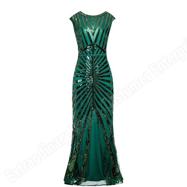 Green Женские длинные платья в винтажном стиле Great Gatsby Sequin 1920s вечерние платья в стиле АР-деко без рукавов средней длины с круглым вырезом - Цвет: Green