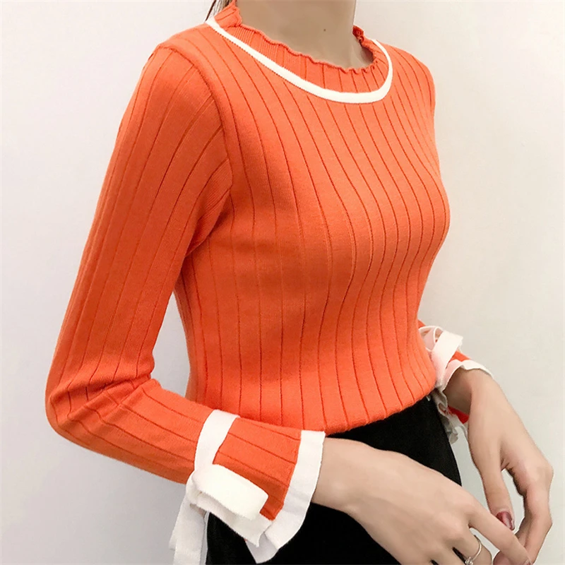 Women Solid Pullover Winter Knitted Sweater Sweet O-Neck Slim Soft Female Flare Sleeve Fashion Ladies | Женская одежда
