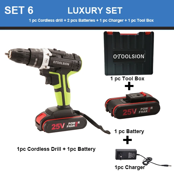 Set6 (2 pcs Battery) 25V Electric Tools Impact Drill Impact Electric Screwdriver Impact Cordless Drill Electric Drill Battery Screwdriver 25+3 Torque - Цвет: Set6 (2 pcs Battery)