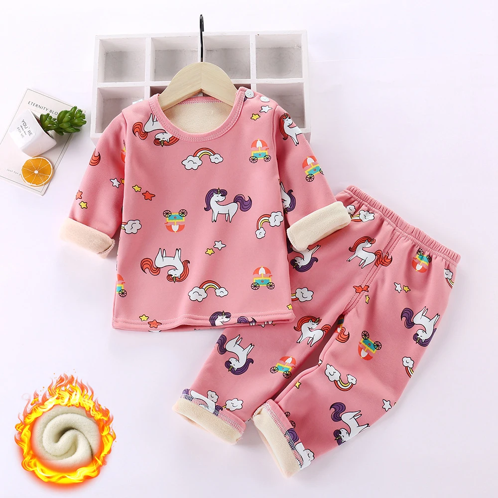 

Autumn Winter Plus Velvet Children's Clothing Sets for Girls 1-8y Cotton Thicken Cartoon Unicorn Baby Boy Keep Warm Pajamas Suit