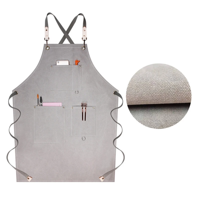 

W0YF Canvas Bib Chef Apron with Pockets Wood Craftsman Artisan Waiter Painting Work Clothes Cross Back Adjustable Apron