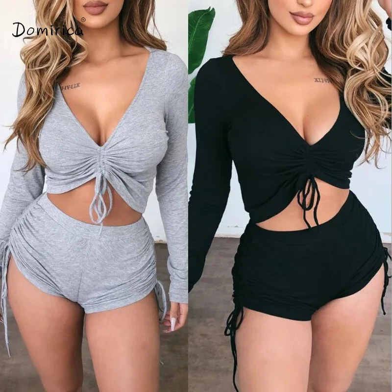 

Casual Sports Shorts Sets Women's V-neck Low-cut Drawstring Stitching Long-sleeved Slim Shorts Sexy Two Piece Set Women's Shorts