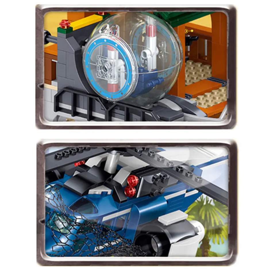 

908Pcs Jurassic Dinosaur Helicopter Escape Building Blocks Animal World with 4 Figures Park Bricks Set Toys For Children